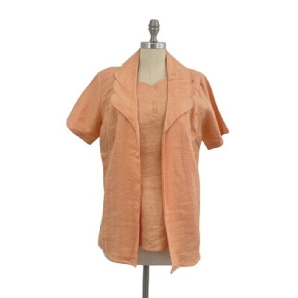 Womens 2 Pc Set Large Peach Linen Jacket Shell Top Embroidered Capsule Coastal